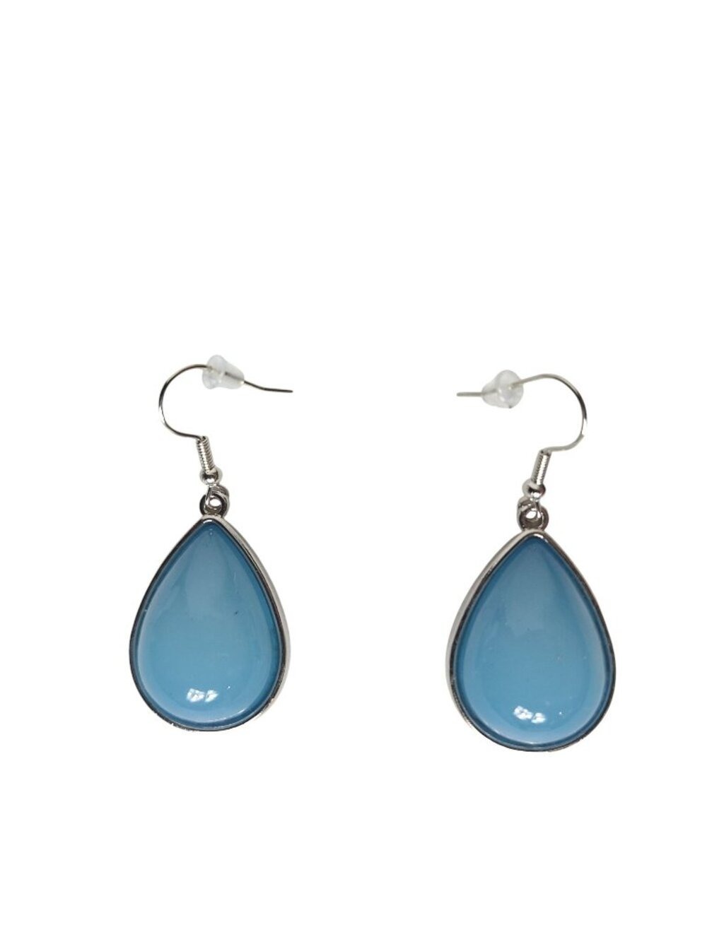 Silver Tone Blue Teardrop Dangle Earrings Cabochon Jewelry